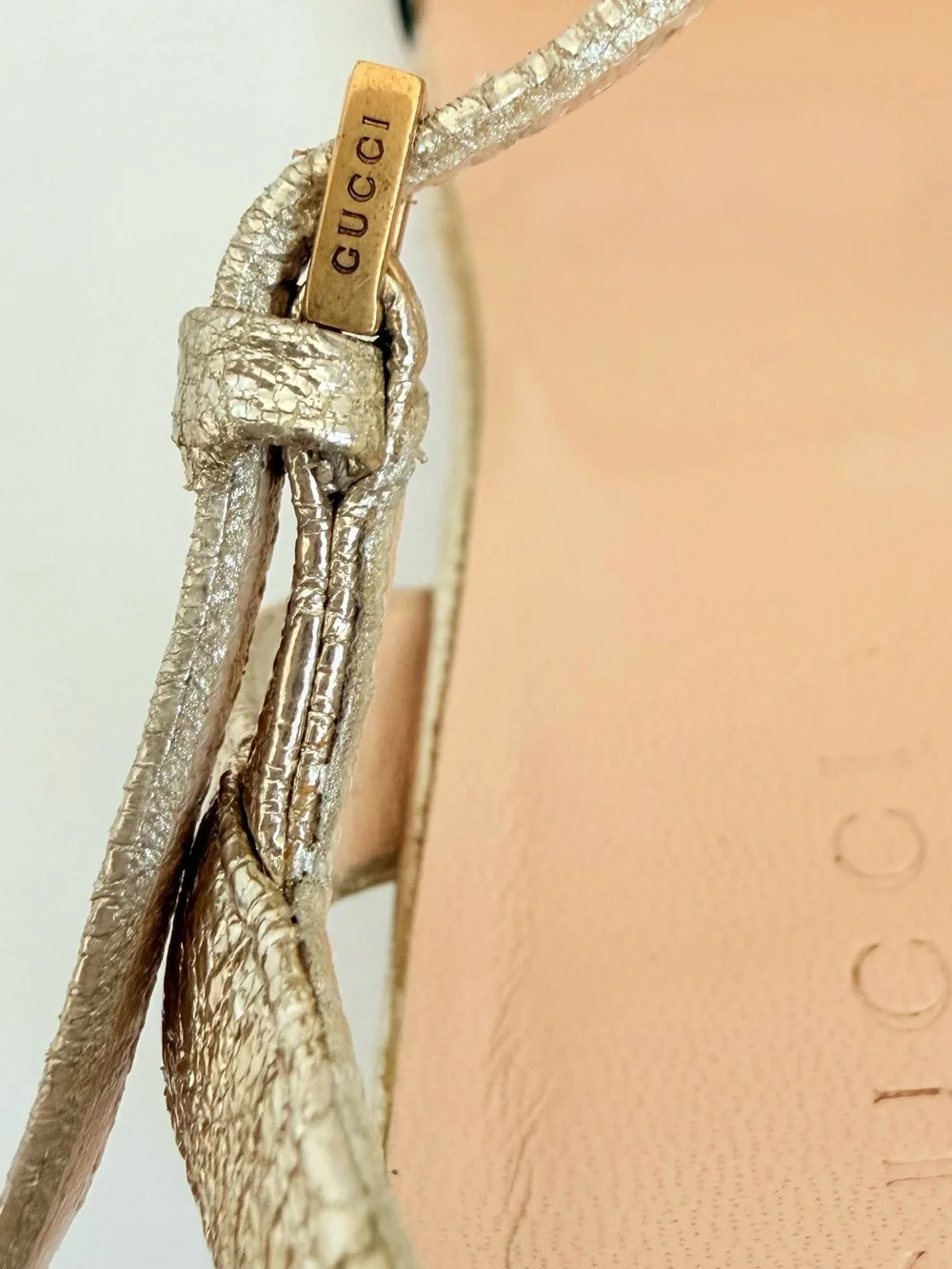 Gucci GG Marmont Platino Gold Metallic Leather Block Heel Sandals 38.5